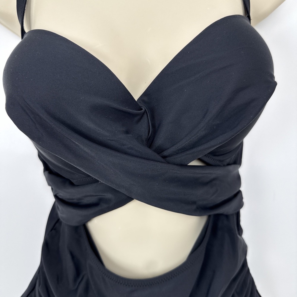 Black One Piece Tummy Cutout High Waisted Swimsuit Womens L - Picture 3 of 5